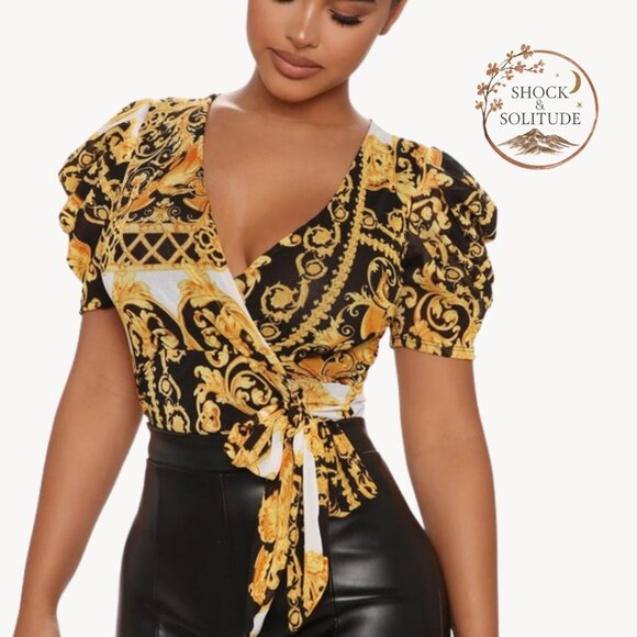 Fashion Nova Tops - Fashion Nova Black & Gold Baroque Wrap Top – New Without Tags, Flattering Fit